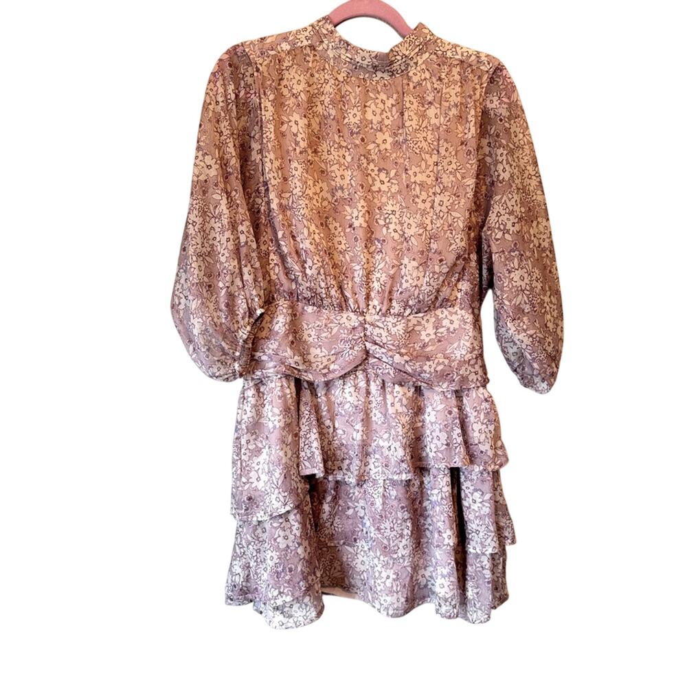 Fate Pink Ditsy Floral Ruched Mini Dress Womens L Tiered Ruffled Cottage Core